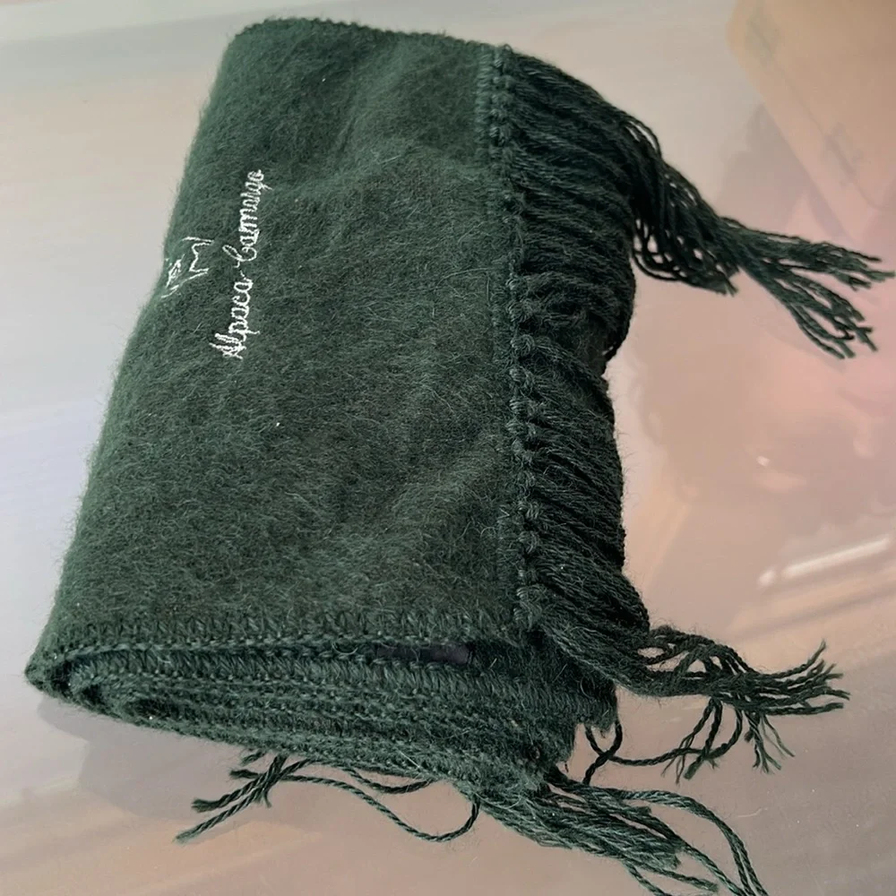 🦙🌲Dark Green Fringed Long Scarf by Alpaca Camargo | Oblong 9”W x 68”L + Fringe